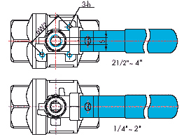 Dimension drawing, 2 PC Full Port 1000 WOG Ball Valve, Threaded — lettered dimensions and numbered parts keyed to the tables below.