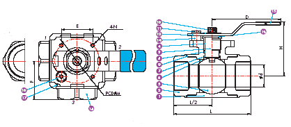Dimension drawing, 3 Way Reduced Port 1000 WOG Ball Valve, Threaded 