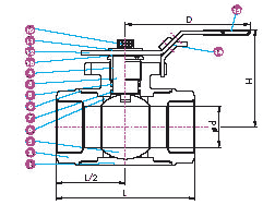 Dimension drawing, 3 Way Reduced Port 1000 WOG Ball Valve, Threaded 