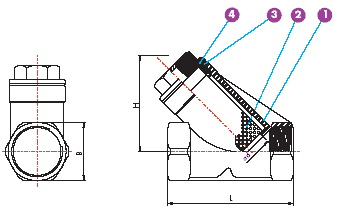 Dimension drawing, 300 WOG Y Strainer Valve, Threaded, Socket weld — lettered dimensions and numbered parts keyed to the tables below.